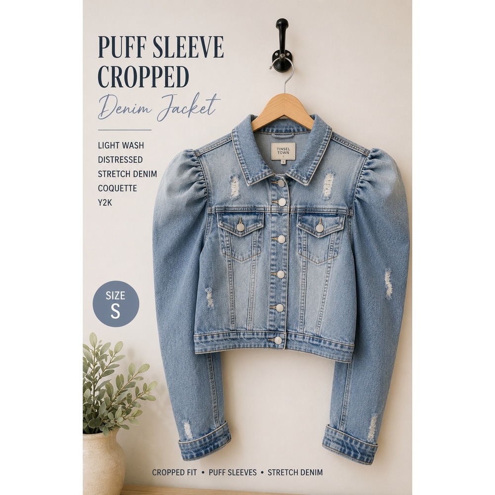 Coquette Puff Sleeve Cropped Distressed Jean Jacket Y2K Stretch Denim Size S
